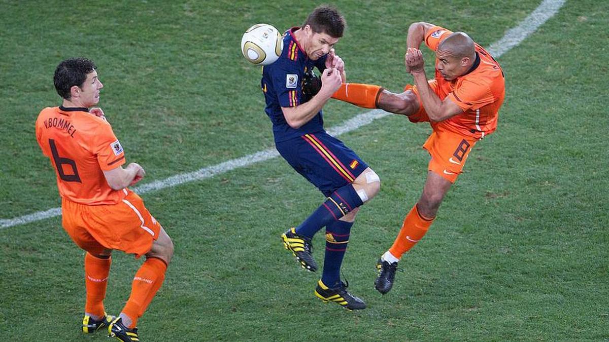  Nigel de Jong (right) produced one of the World Cup's most infamous moments. | IMAGO/Colorsport 