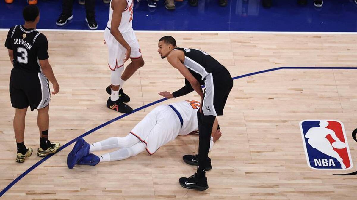  Victor Wembanyama picked up a flagrant foul for an elbow on Karl-Anthony Towns in Game 4 | Vincent Carchietta-Imagn Images 