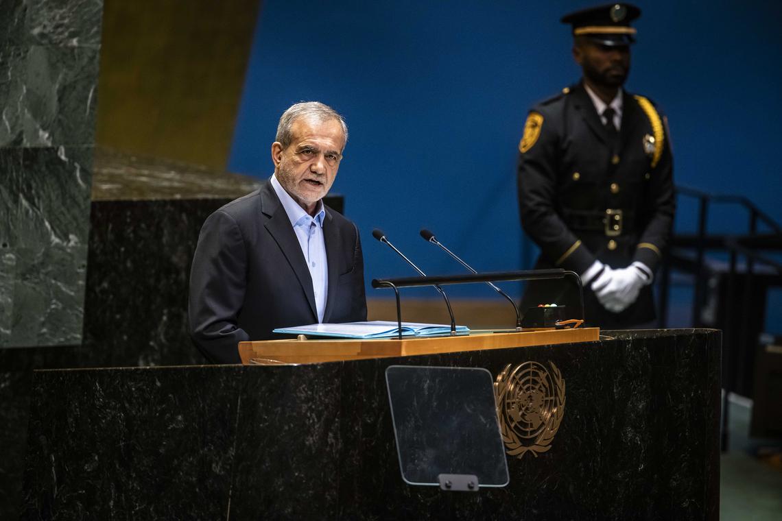 FILE -- President Masoud Pezeshkian of Iran addresses the United Nations General Assembly, in Manhattan, Sept. 24, 2024. Pezeshkian, who is also a heart surgeon, has been involved in caring for Ayatollah Mojtaba Khamenei as he recovers from injuries in the same U.S./Israeli airstrike that killed his father and many other senior Iranian leaders. (Dave Sanders/The New York Times)