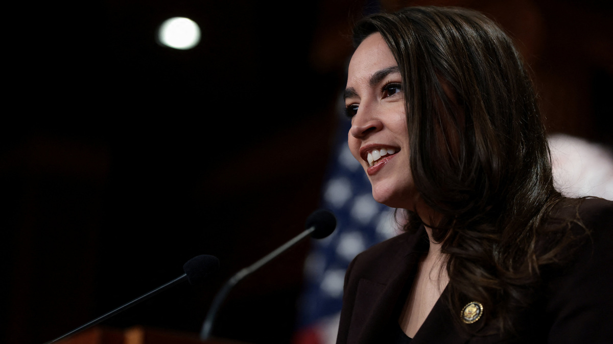 Representative Alexandria Ocasio-Cortez (D-NY) speaks as she and U.S. Senator Bernie Sanders (I-VT) (not pictured) announce the Artificial Intelligence Data Center Moratorium Act on Capitol Hill in Washington, D.C., U.S., March 25, 2026. REUTERS/Evelyn Hockstein