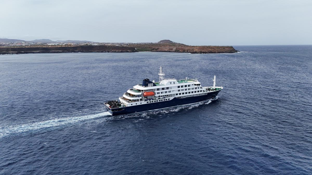 A drone view of the cruise ship MV Hondius, carrying passengers suspected of having cases of hantavirus on board, leaves Praia, Cape Verde, May 6, 2026. REUTERS/Stringer