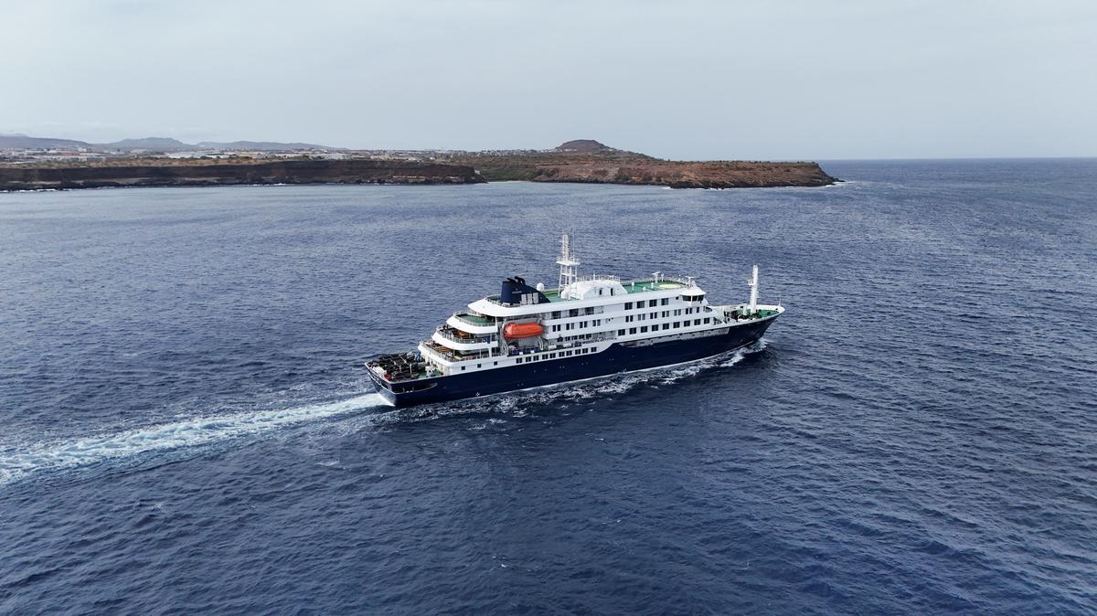 A drone view of the cruise ship MV Hondius, carrying passengers suspected of having cases of hantavirus on board, leaves Praia, Cape Verde, May 6, 2026. REUTERS/Stringer