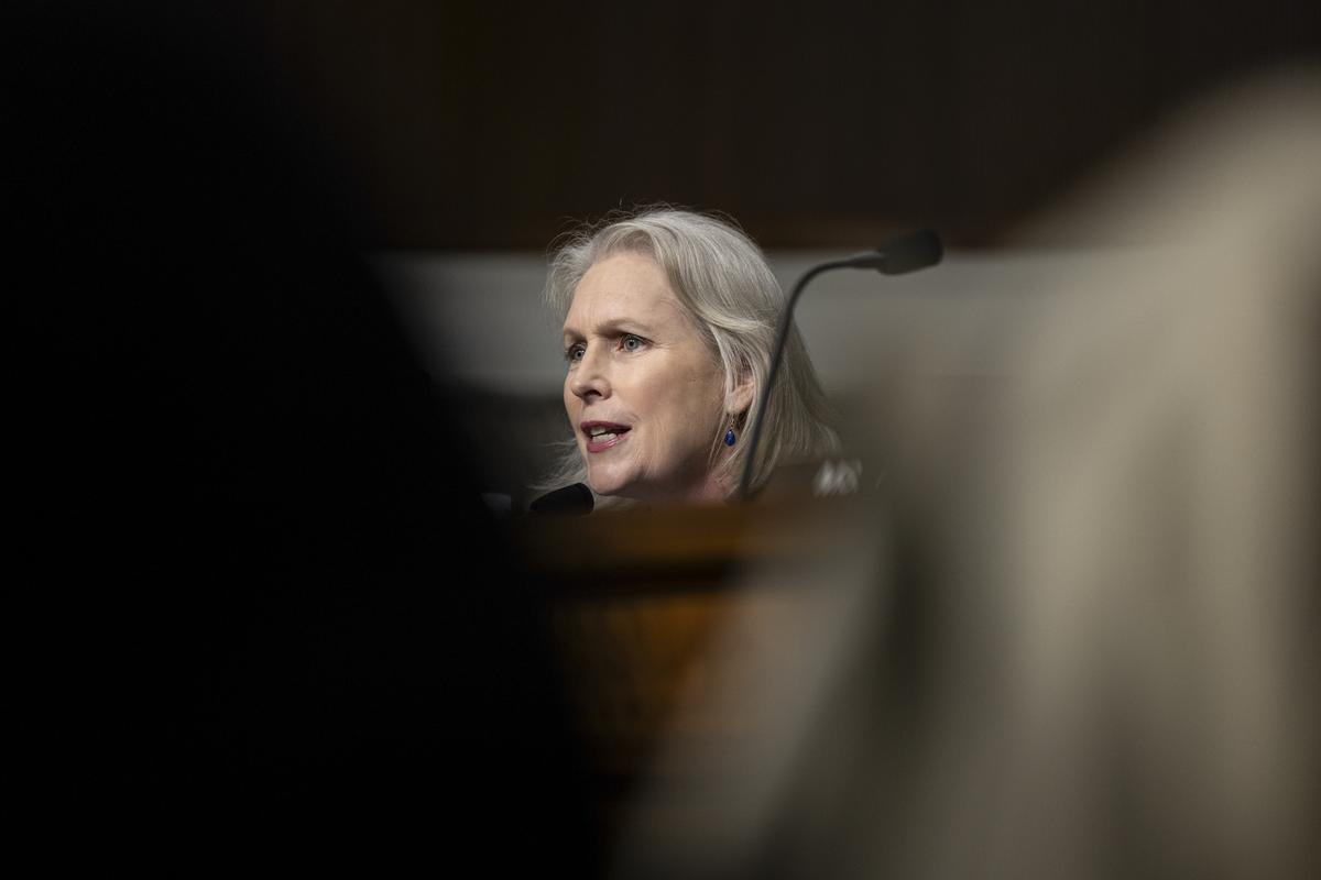 Sen. Kirsten Gillibrand (D-N.Y.) questions Secretary of Defense Pete Hegseth and Gen. Dan Caine, chairman of the Joint Chiefs of Staff, during a Senate Armed Services Committee hearing on the department's budget request on Capitol Hill in Washington, on Thursday, April 30, 2026. (Anna Rose Layden/The New York Times)