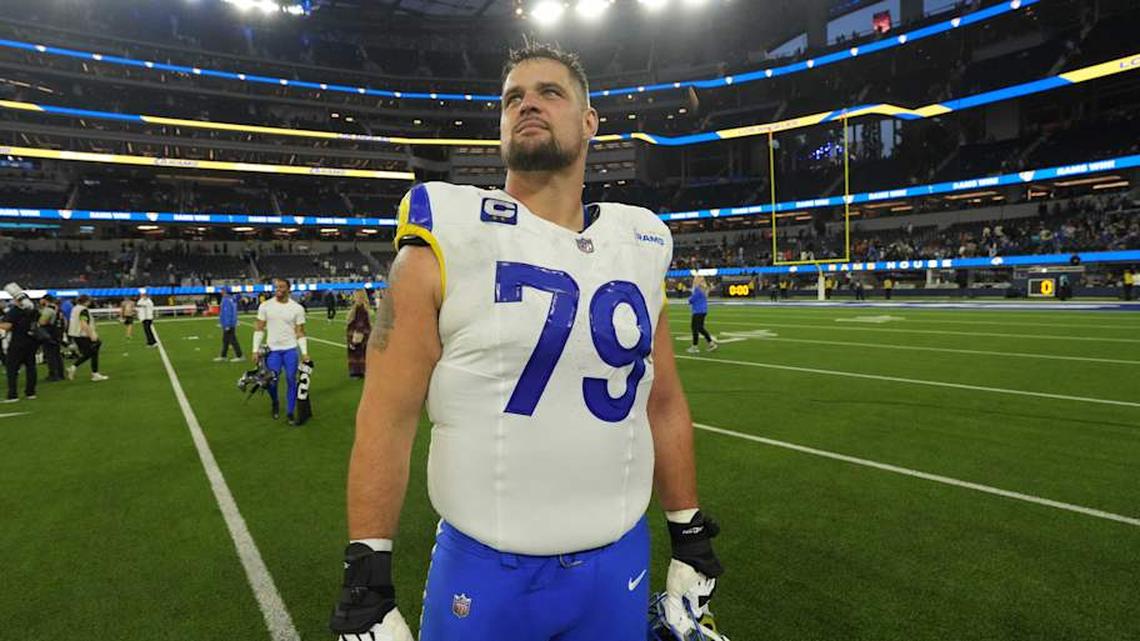  Dec 3, 2023; Inglewood, California, USA; Los Angeles Rams offensive tackle Rob Havenstein (79) reacts after the game against the Cleveland Browns at SoFi Stadium. Mandatory Credit: Kirby Lee-Imagn Images | Kirby Lee-Imagn Images 