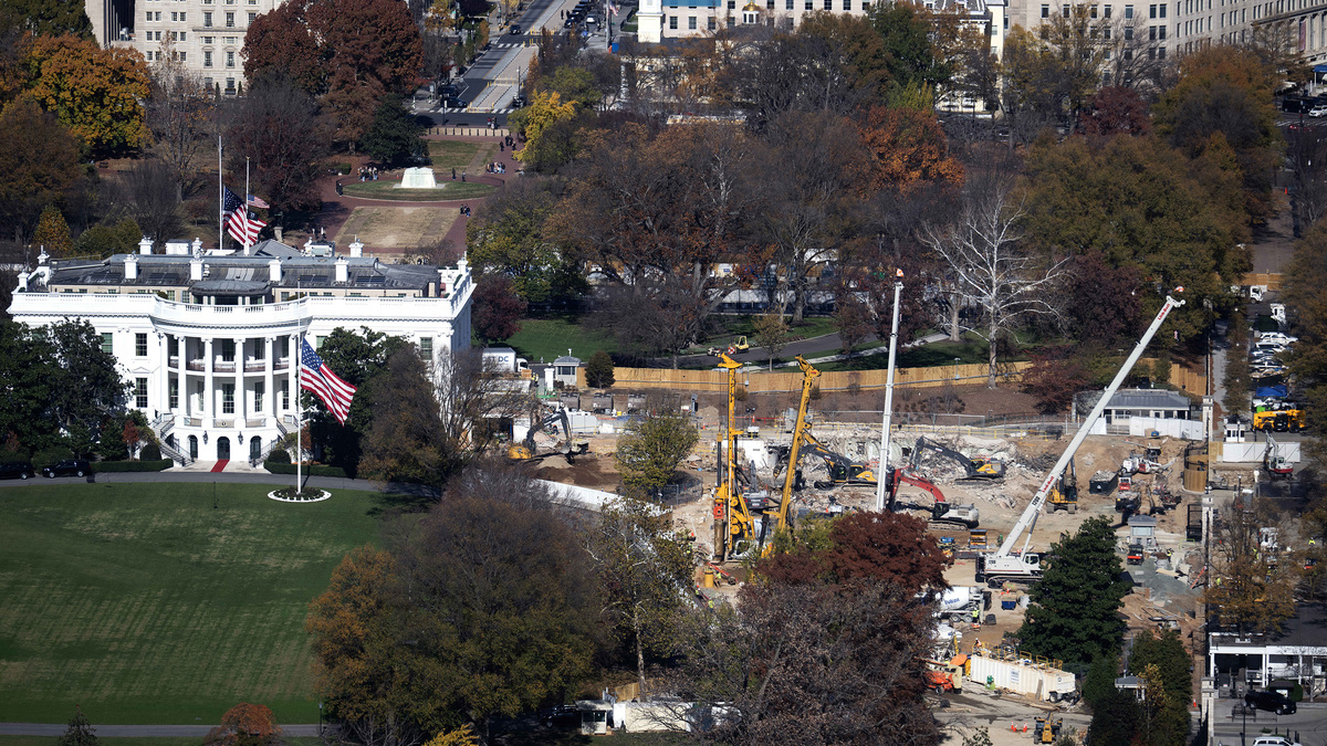 The ballroom construction project at the White House is seen from the top of the Washington Monument, Nov. 17, 2025, in Washington, D.C. (Tom Williams/CQ Roll Call/ZUMA Press/TNS)