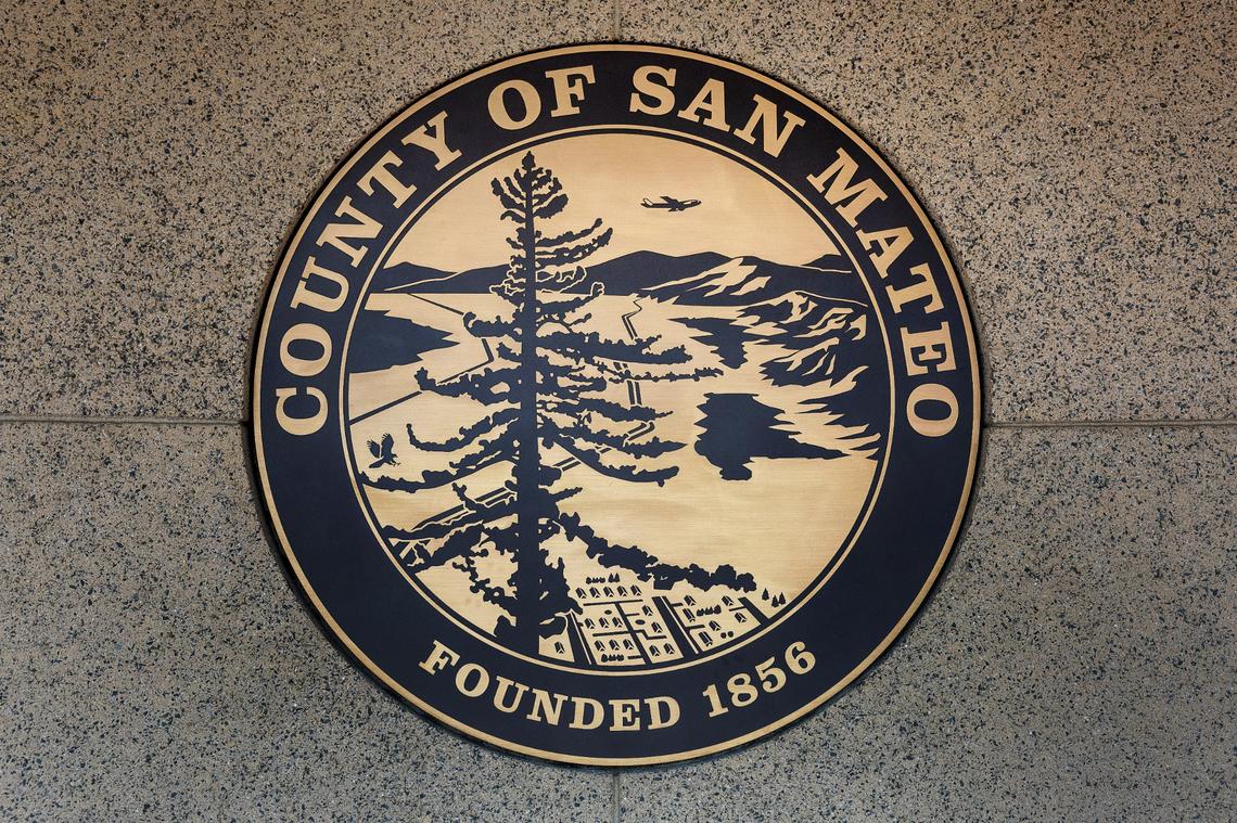 The County of San Mateo seal is photographed on Tuesday, Sept. 17, 2024, on the Hall of Justice building in Redwood City, Calif. (/Bay Area News Group)