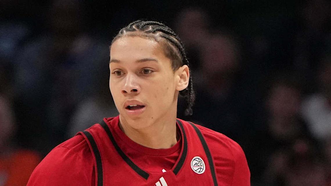  Mar 12, 2026; Charlotte, NC, USA; NC State Wolfpack guard Matt Able (3) brings the ball up the court in the first half at Spectrum Center. Mandatory Credit: Bob Donnan-Imagn Images | Bob Donnan-Imagn Images 