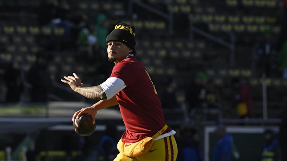  Nov 22, 2025; Eugene, Oregon, USA; Southern California Trojans quarterback Jayden Maiava (14) warms up before the game against the Oregon Ducks at Autzen Stadium. Mandatory Credit: Troy Wayrynen-Imagn Images | Troy Wayrynen-Imagn Images 