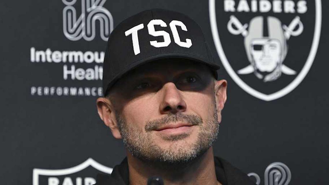  Apr 25, 2025; Henderson, NV, USA; (L-R) Las Vegas Raiders general manager John Spytek during a news conference introducing Ashton Jeanty as the first round draft pick in the 2025 NFL Draft at Intermountain Health Performance Center. Mandatory Credit: Candice Ward-Imagn Images | Candice Ward-Imagn Images 