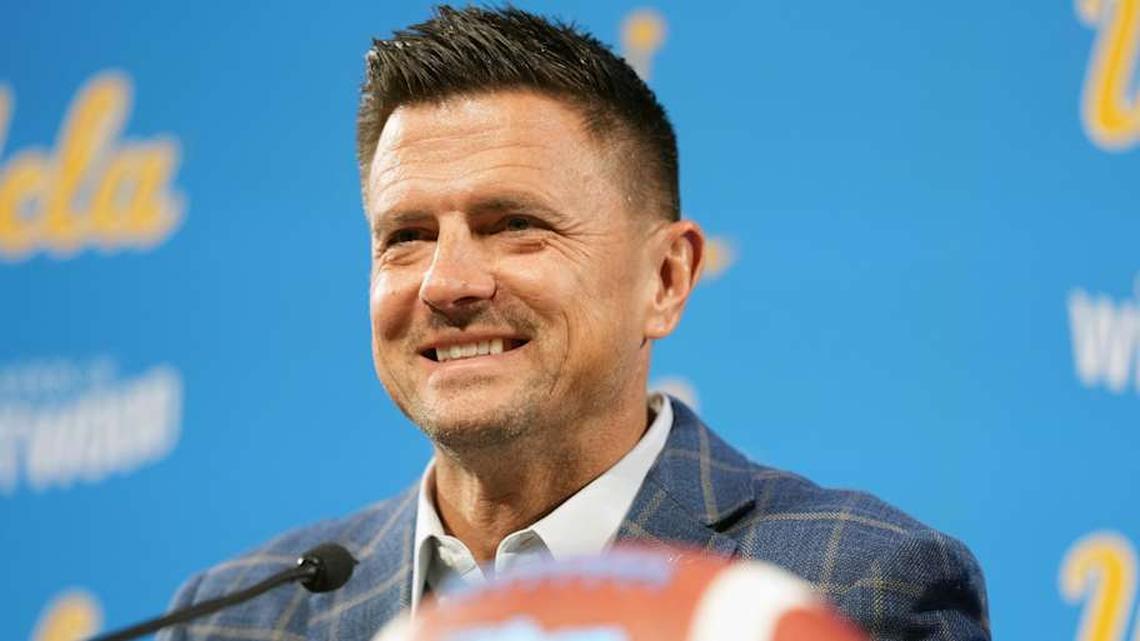  Dec 9, 2025; Los Angeles, CA, USA; Bob Chesney is introduced as UCLA Bruins football coach at press conference at Renee Luskin Conference Center Centennial Ballroom. Mandatory Credit: Kirby Lee-Imagn Images | Kirby Lee-Imagn Images 