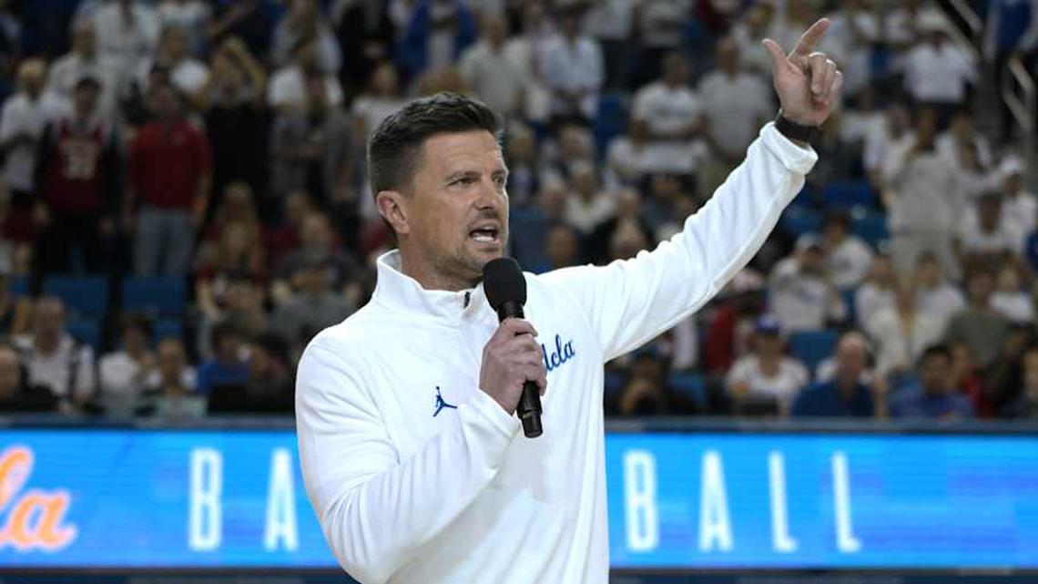  Jan 31, 2026; Los Angeles, California, USA; UCLA Bruins head football coach Bob Chesney is introduced during the basketball game against the Indiana Hoosiers at Pauley Pavilion presented by Wescom Financial. Mandatory Credit: Jayne Kamin-Oncea-Imagn Images | Jayne Kamin-Oncea-Imagn Images 