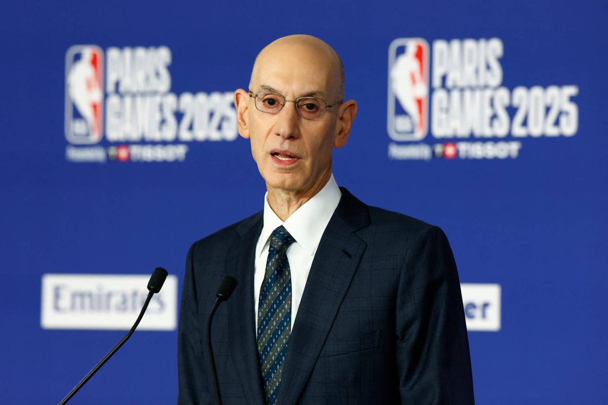  Paris, FRANCE; NBA commissioner Adam Silver speaks before the Paris Games 2025 NBA basketball game between the San Antonio Spurs and Indiana Pacers at Accor Arena. 