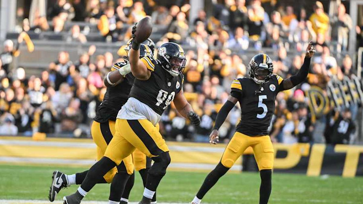  Nov 2, 2025; Pittsburgh, Pennsylvania, USA; Pittsburgh Steelers defensive tackle Derrick Harmon (99) celebrates with Jalen Ramsey (5) after recovering a fumble by Indianapolis Colts quarterback Daniel Jones (17) during the second half at Acrisure Stadium. Mandatory Credit: Barry Reeger-Imagn Images | Barry Reeger-Imagn Images 