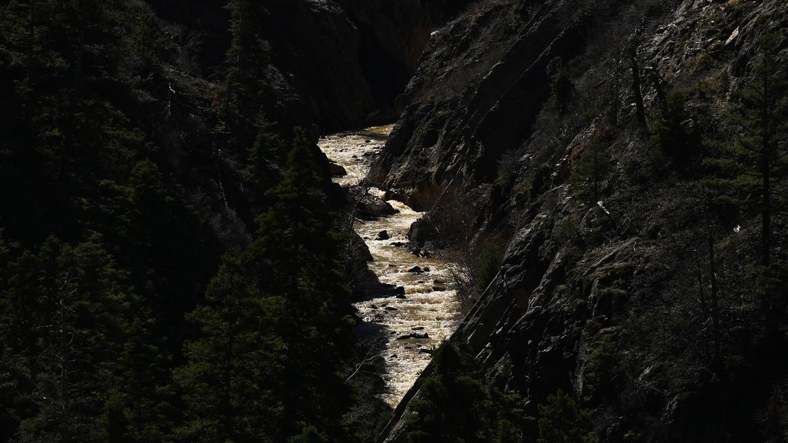 The Uncompahgre River flows through a canyon near Red Mountain Pass on March 25, 2026, near Ouray, Colo. Historically low snowpack and record-setting heat in the area are adding to drought conditions throughout the Colorado River Basin. (RJ Sangosti/The Denver Post/TNS)