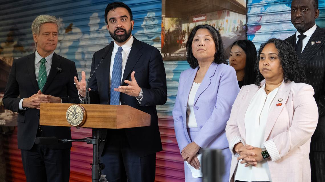 New York City Mayor Zohran Mamdani speaks at a press conference in La Marqueta about the city opening and operating the first of five planned public grocery stores Tuesday, April 14, 2026, in Manhattan, New York City. (Barry Williams/New York Daily News/TNS)