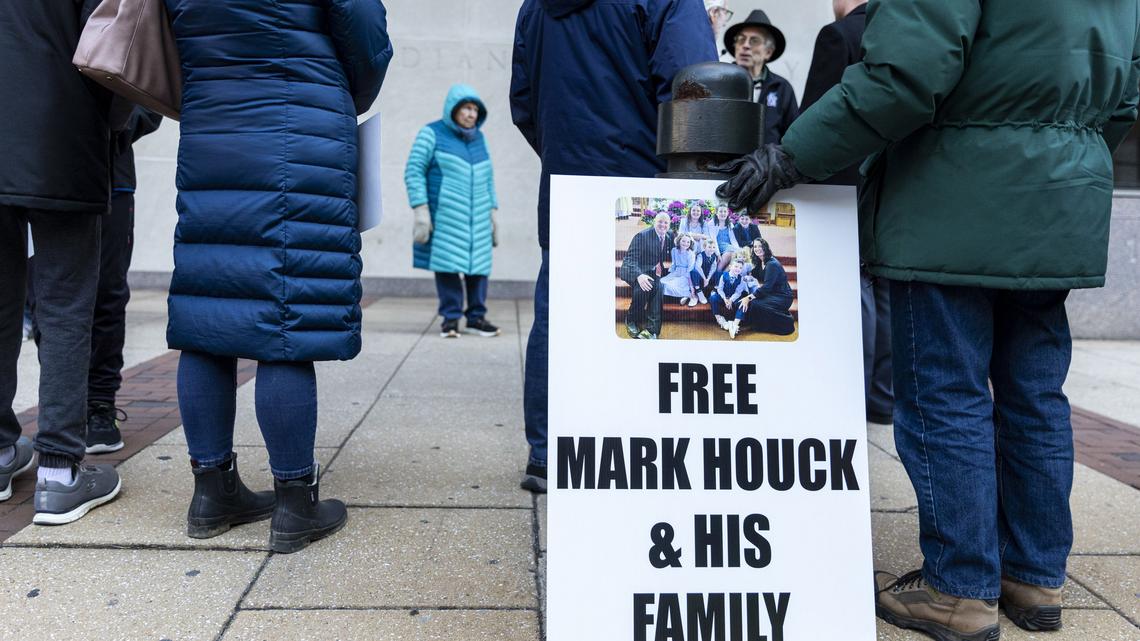 A sign reading “Free Mark Houck & His Family” is seen outside the federal courthouse in Center City during a rally organized by the Pennsylvania Pro-Life Coalition and supporters on Jan. 24, 2023, in Philadelphia. (Tyger Williams/The Philadelphia Inquirer/TNS)