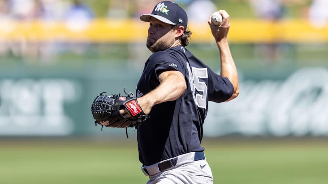  Mar 24, 2026; Mesa, Arizona, USA; New York Yankees pitcher Gerrit Cole against the Chicago Cubs during spring training at Sloan Park. | Mark J. Rebilas-Imagn Images 