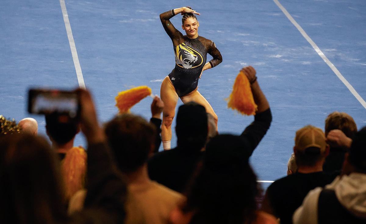 Elise Tisler strikes a pose during her floor exercise during the NCAA Lexington Regional Finals on Sunday, April 5, 2025, at the Historic Memorial Coliseum, in Lexington, Ky. Tisler competed for the last time Sunday afternoon for the Tigers.