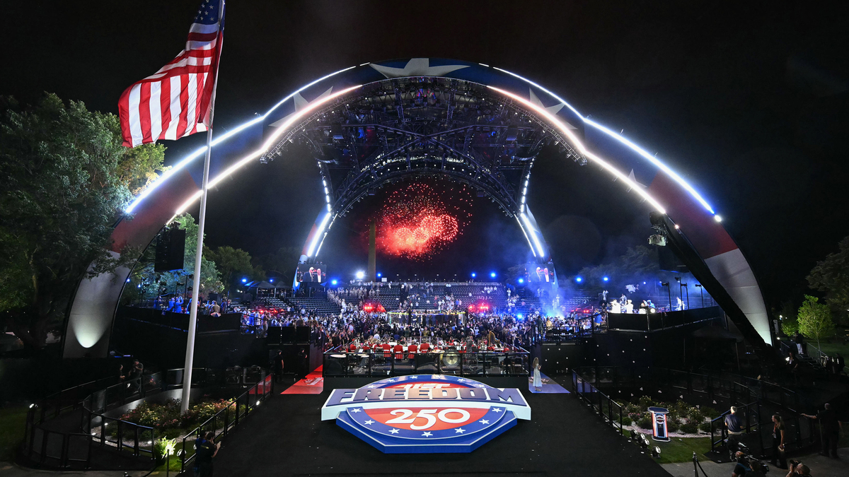 Fireworks go off during the "UFC Freedom 250" mixed martial arts event on the South Lawn of the White House in Washington on Monday. The Justice Department has charged five people in connection with an alleged plot to use explosives and snipers to target wealthy people and prominent politicians who attended the event.