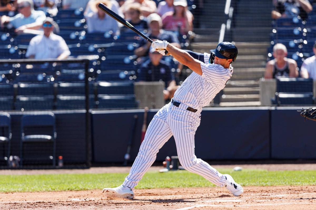  Feb 21, 2026; Tampa, Florida, USA; New York Yankees outfielder Spencer Jones (78) hits a home run against the Detroit Tigers during the second inning in a Spring Training game at George M. Steinbrenner Field. Mandatory Credit: Morgan Tencza-Imagn Images 
