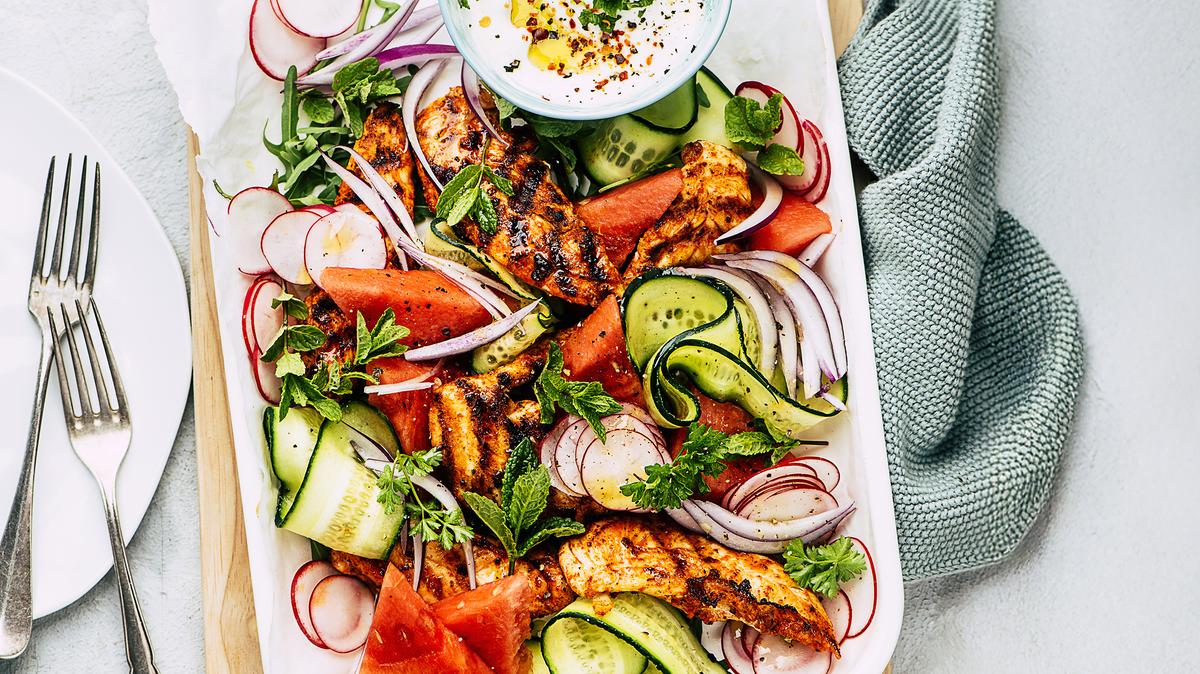 Chicken and melon salad with mint yogurt