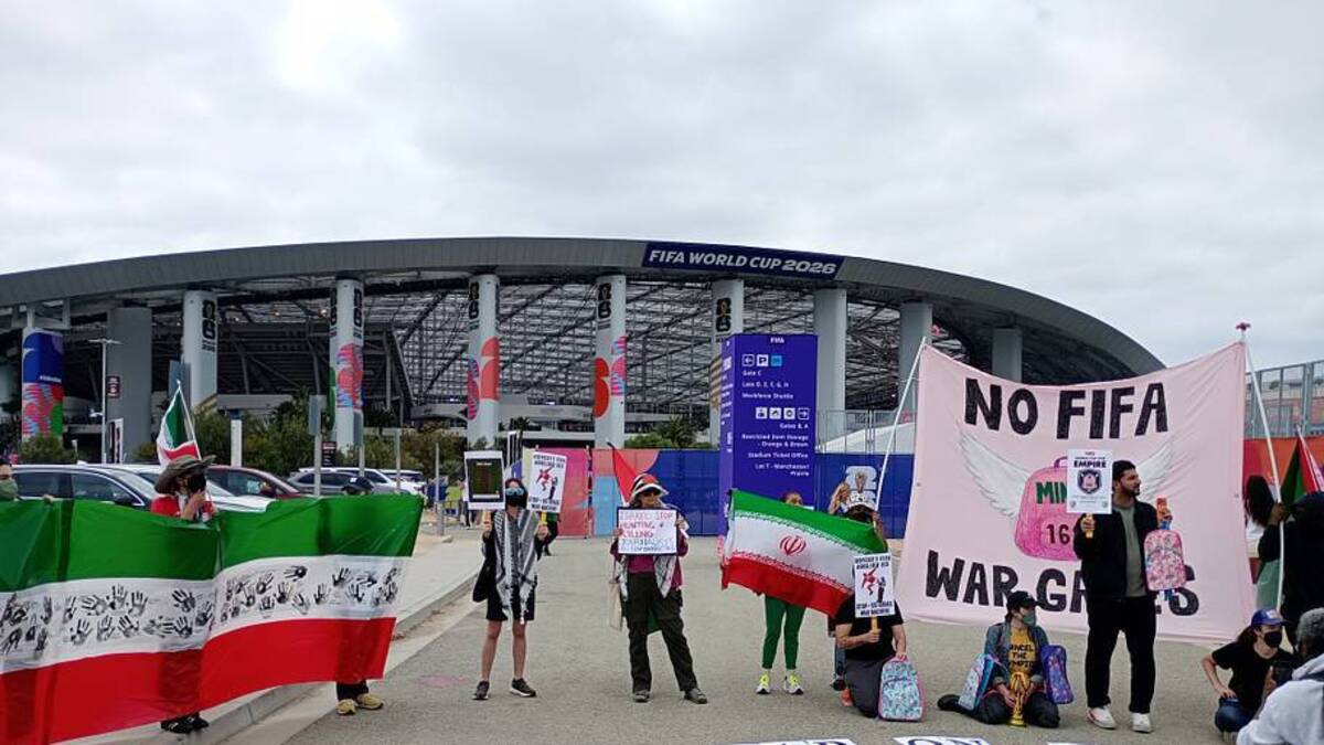  Pro-regime, anti-U.S. protesters formed outside SoFi. | Sports Illustrated 