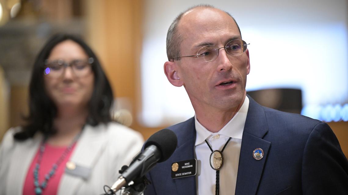 Colorado state Sen. Mike Weissman speaks during a news conference in the Old Supreme Court Library at the Colorado State Capitol building on April 8, 2025, in Denver. (Hyoung Chang/The Denver Post/TNS)
