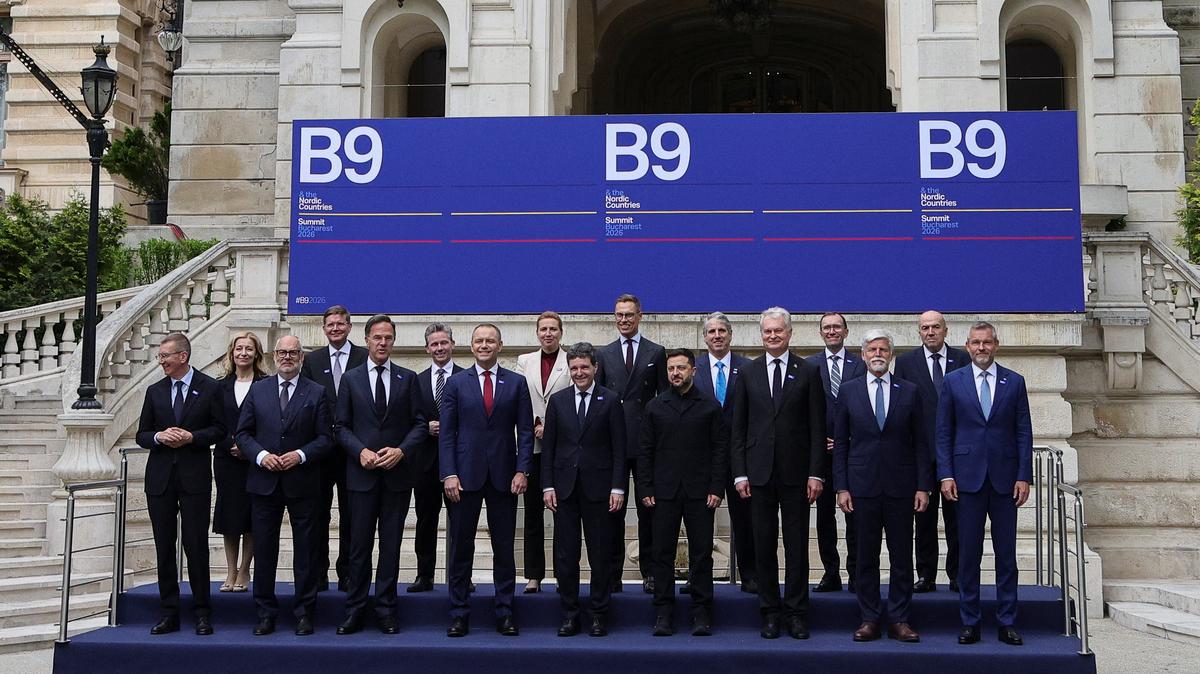 NATO Secretary General Mark Rutte, Polish President Karol Nawrocki, Romanian President Nicusor Dan and Ukrainian President Volodymyr Zelenskiy pose with other European leaders for a picture at the B9 summit in Bucharest, Romania, May 13, 2026. Inquam Photos/Octav Ganea via REUTERS ATTENTION EDITORS - THIS IMAGE WAS PROVIDED BY A THIRD PARTY. ROMANIA OUT. NO COMMERCIAL OR EDITORIAL SALES IN ROMANIA