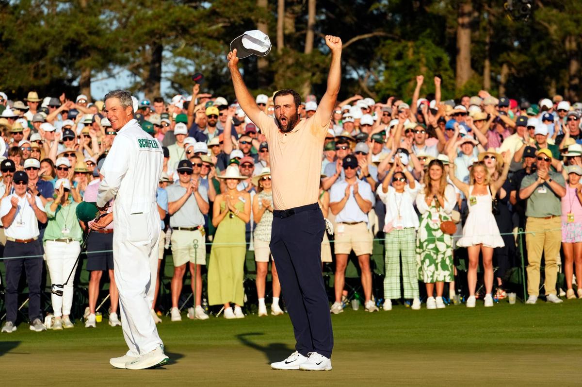  Scottie Scheffler celebrates after finishing the final round of the Masters in Augusta, Georgia, on April 14, 2024. Rob Schumacher-USA TODAY Network