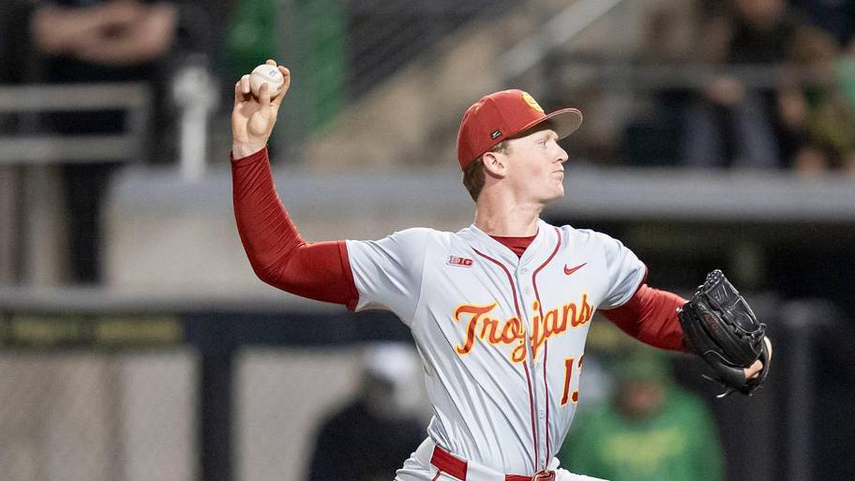  USC pitcher Andrew Johnson throws a pitch as the Oregon Ducks host the USC Trojans on May 14, 2026, in Eugene, Oregon. | Ben Lonergan/The Register-Guard / USA TODAY NETWORK via Imagn Images 
