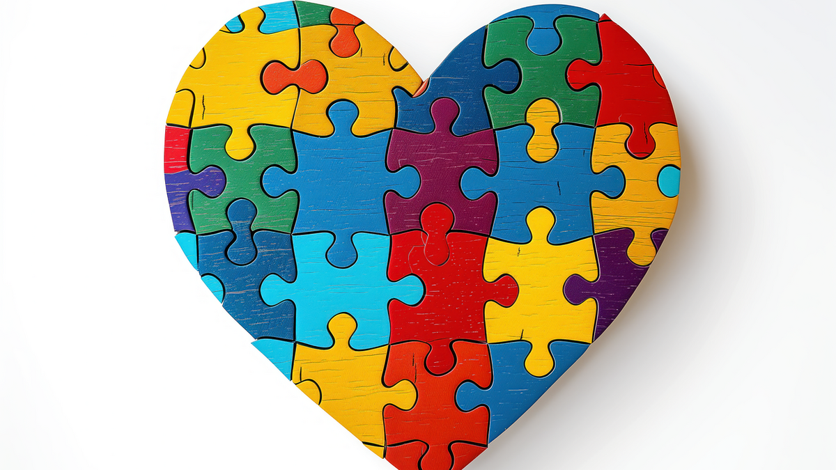 heart, autism spectrum, autism awareness, puzzle, love, symbol, colorful, primary colors, autistic, child, white background, kids, inclusion, ai generated.