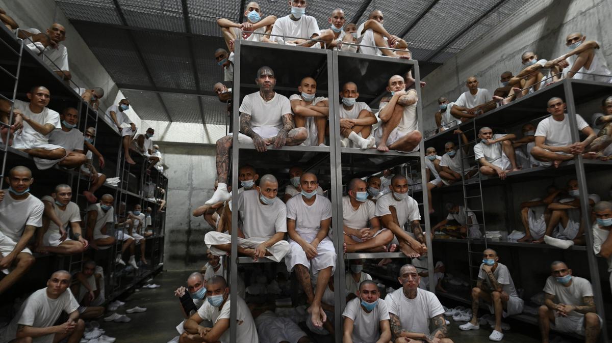 Inmates remain in a cell at the Counter-Terrorism Confinement Centre (CECOT) mega-prison, where hundreds of members of the MS-13 and 18 Street gangs are being held, in Tecoluca, El Salvador on January 27, 2025. Marvin Recinos/Getty