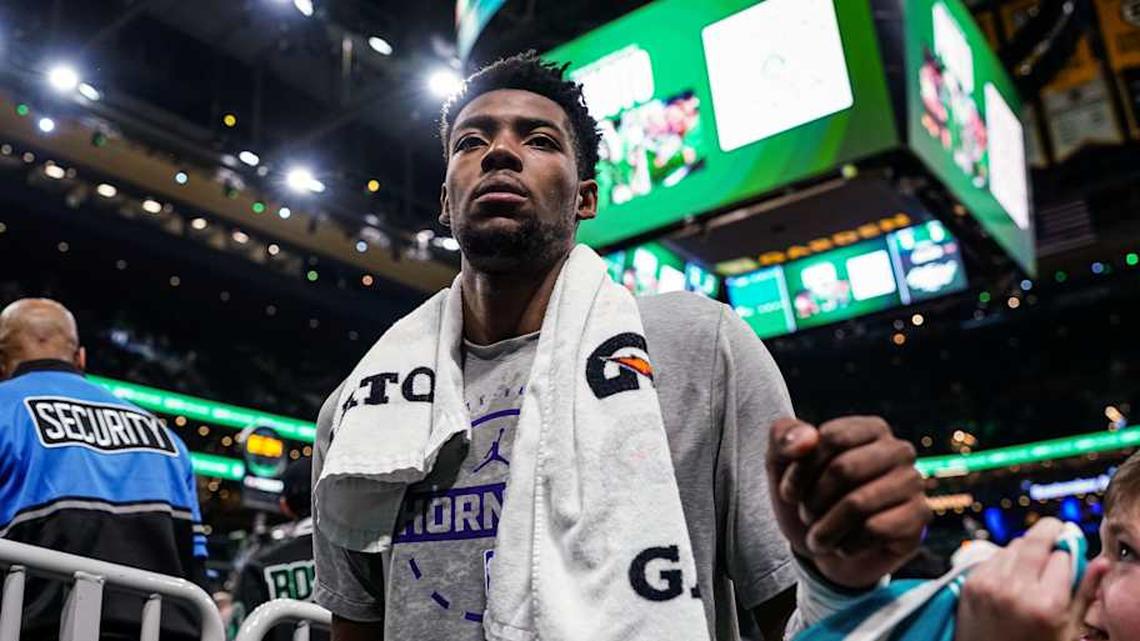  Apr 7, 2026; Boston, Massachusetts, USA; Charlotte Hornets forward Brandon Miller (24) exits the court after warm up before the start of the game against the Boston Celtics at TD Garden. | David Butler II-Imagn Images 