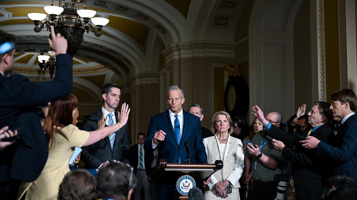 Senate Majority Leader John Thune (R-S.D.) takes questions during a weekly press conference at the Capitol in Washington, on Tuesday, May 19, 2026. The top Senate Republican cast doubt on Tuesday on President Trump's plan to use $1.8 billion from a government fund to compensate people who claim to have been the targets of politically motivated prosecutions, saying that Congress would scrutinize the idea. (Kenny Holston/The New York Times)