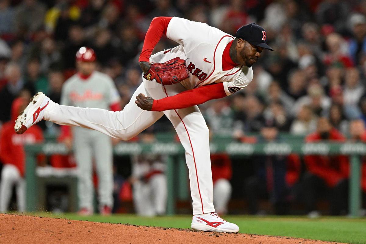  May 13, 2026; Boston, Massachusetts, USA; Boston Red Sox pitcher Aroldis Chapman (44) pitches against the Philadelphia Phillies during the ninth inning at Fenway Park. Mandatory Credit: Brian Fluharty-Imagn Images Brian Fluharty-Imagn Images