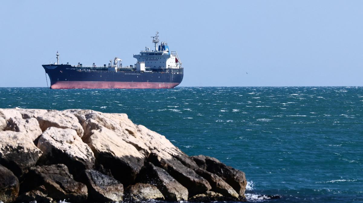 An oil tanker anchors near the oil hub of the port of Fos-Lavera at sunset near Marseille, southern France, April 14, 2026. REUTERS/Manon Cruz