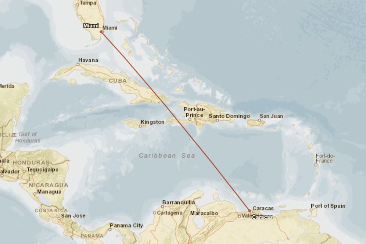  An illustration of the route between Miami International Airport and Simón Bolívar International Airport, Venezuela. 