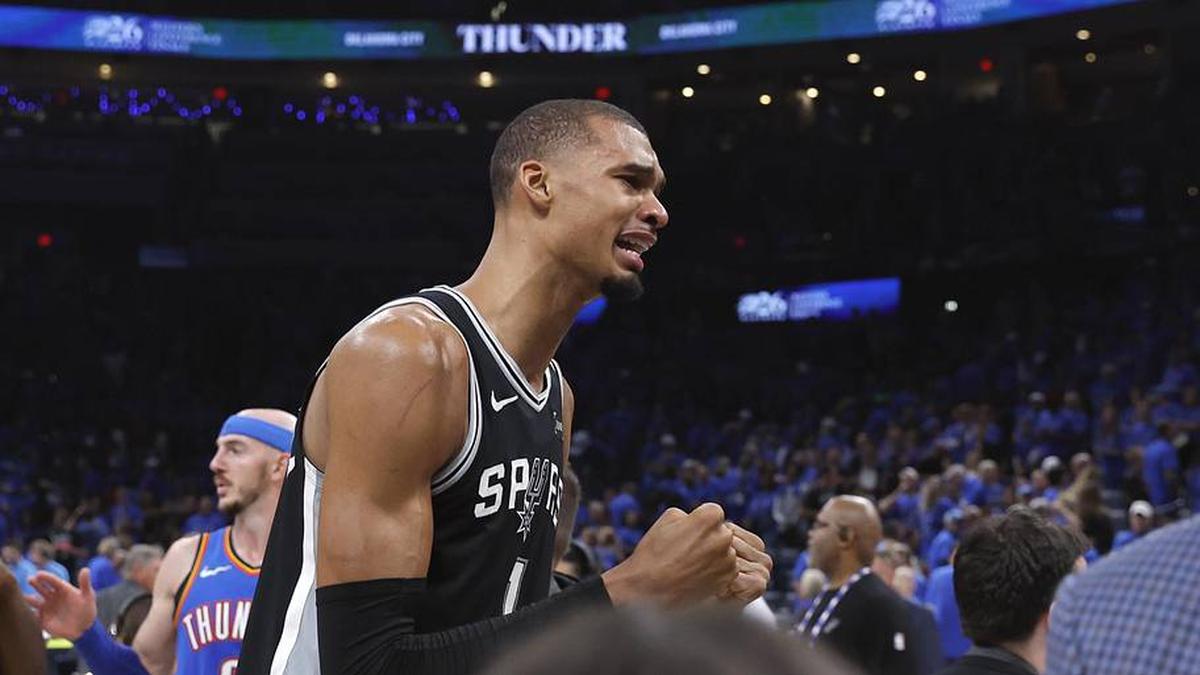  Victor Wembanyama was very emotional on the court after the Spurs eliminated the Thunder in Game 7 of the Western Conference finals. | Alonzo Adams-Imagn Images 