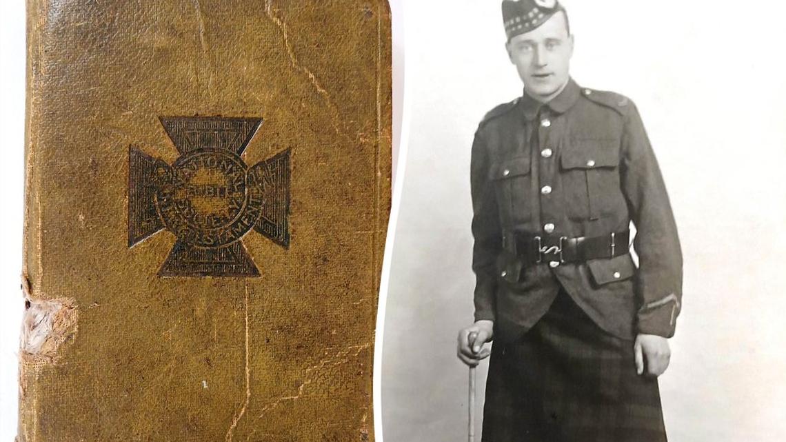 Private Duncan MacFarlane might have been shot in the chest if not for his service Bible. (Dunscore Heritage Centre via SWNS). 