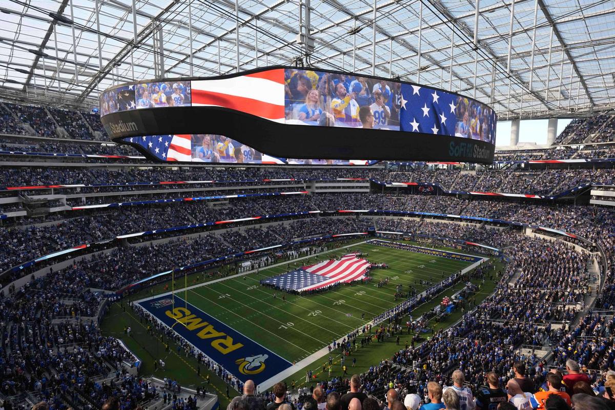  Dec 14, 2025; Inglewood, California, USA; General view of the stadium during the national anthem prior to the game between the Detroit Lions and the Los Angeles Rams at SoFi Stadium. Mandatory Credit: Kirby Lee-Imagn Images 
