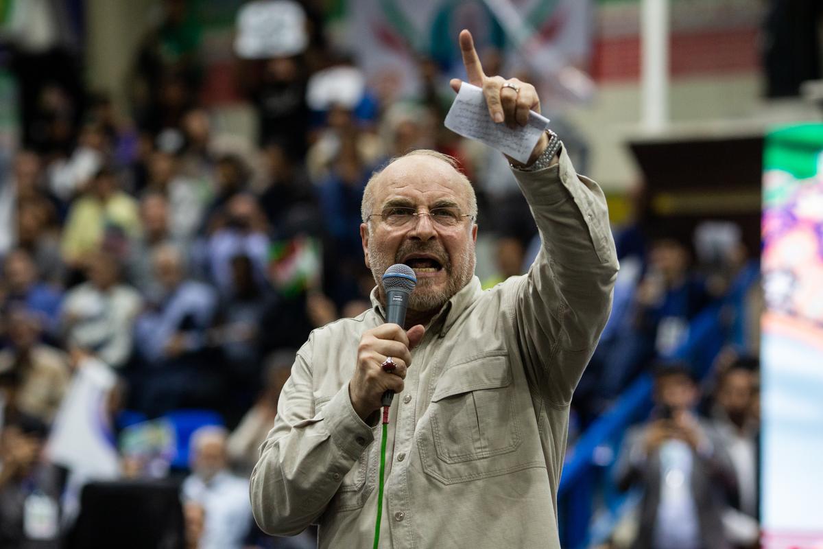 FILE -- Mohammad Bagher Ghalibaf at a campaign event in Tehran, Iran, June 26, 2024. The speaker of the Iranian Parliament, Ghalibaf is also a former general in the Revolutionary Guard and the lead negotiator with the United States in Pakistan. (Arash Khamooshi/The New York Times)