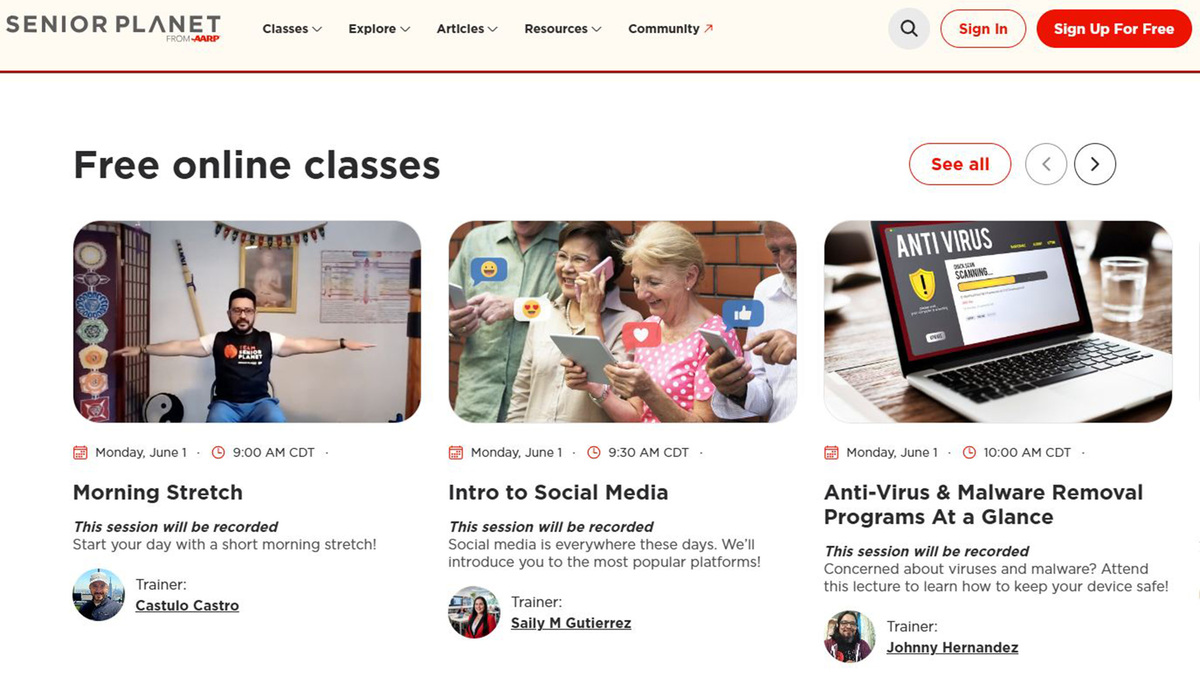 The AARP Senior Planet lists some of the free daily online classes offered via Zoom.