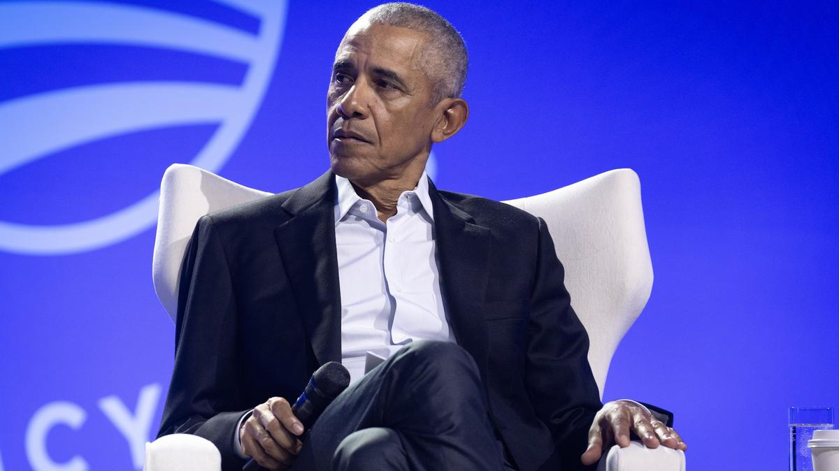Former President Barack Obama moderates a conversation with Manu Meel, Co-Founder and CEO of BridgeUSA, Ainka Jackson, Founding executive director of the Selma Center for Nonviolence, Truth, and Reconciliation and Nika Kovač, Director of Slovenia-based Institute 8th of March during the Obama Foundation's 2024 Democracy Forum on Dec. 5, 2024 in Chicago, Illinois.