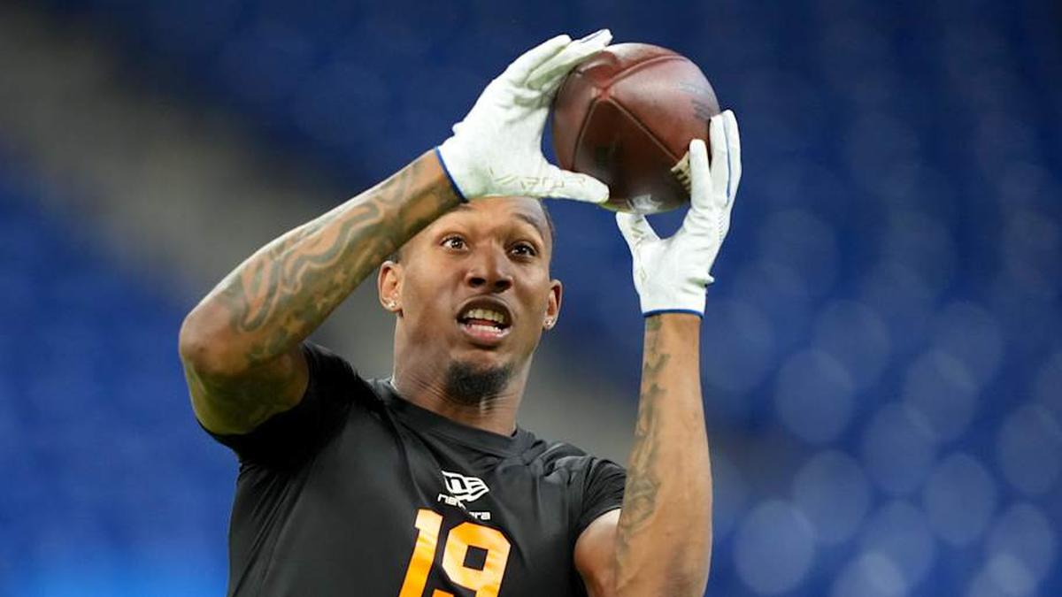  Former Texas Tech wideout Caleb Douglas (WO19) during the NFL Scouting Combine at Lucas Oil Stadium. | Kirby Lee-Imagn Images 