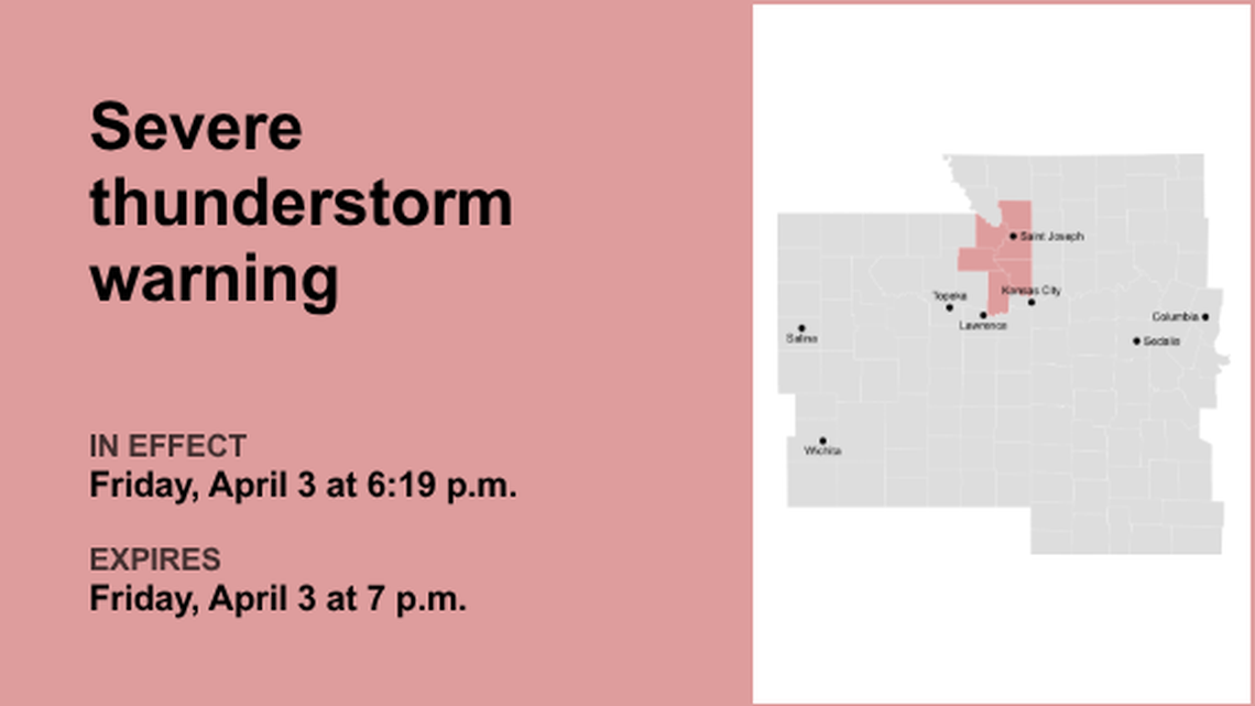 Update: The current severe thunderstorm warning for the Kansas City area will expire at 7 p.m. 