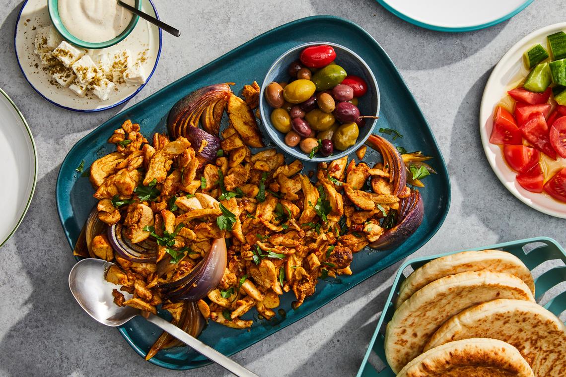 Oven-roasted chicken shawarma. Including a bean-based Japanese curry, Genevieve Ko's dan dan noodles and our very beloved chicken shawarma. Food stylist: Hadas Smirnoff. (Linda Xiao/The New York Times)