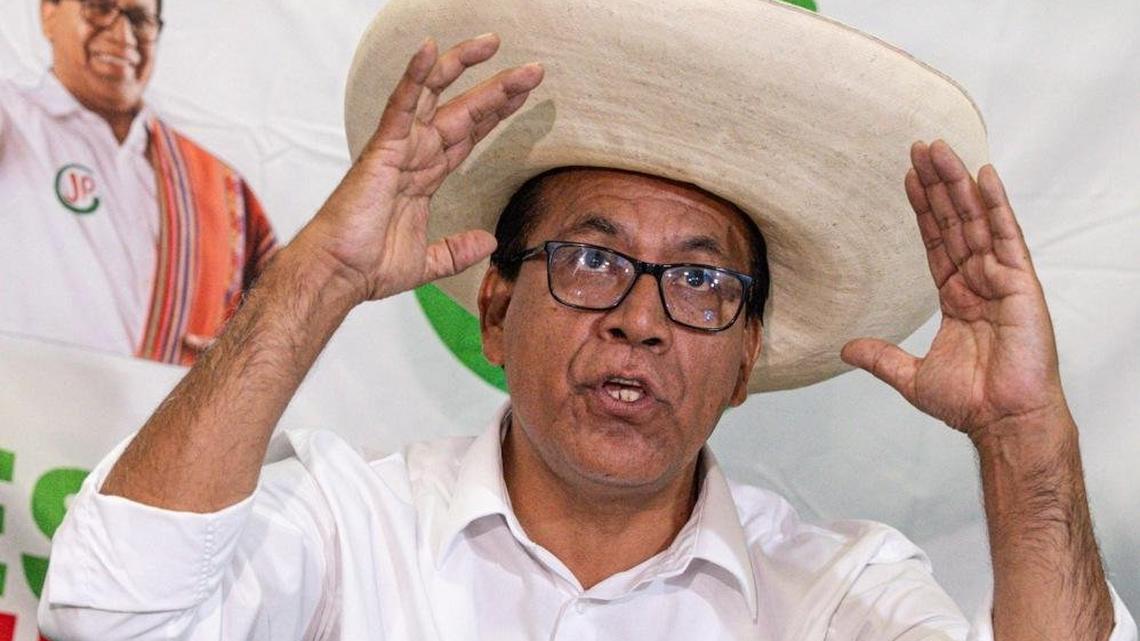 Roberto Sanchez, presidential candidate for the Juntos por el Peru party, speaks during a press conference in Lima, Peru, on Monday. Sanchez has moved into second place in the voting, which continues and will lead to a runoff June 7. Photo by John Reyes Mejia/EPA
