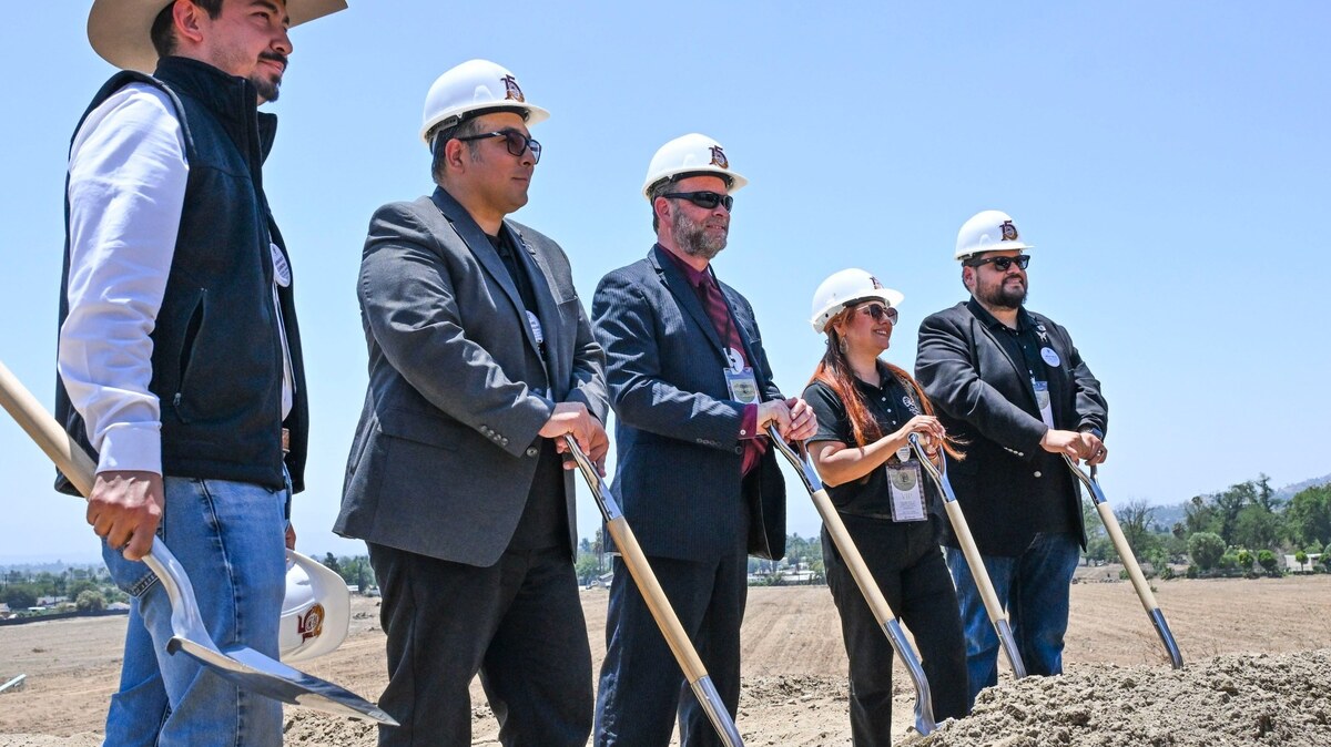 Members of the Jurupa Valley City Council, from left, Armando Carmona, Chris Barajas, Mayor Brian Berkson, Veronica Sanchez and Guillermo Silva, pose with shovels during a groundbreaking ceremony for the District at Jurupa Valley project on Thursday, June 4, 2026. The 250-acre mixed-use development is planned to revitalize the Rubidoux area with retail space, residential units and a hotel. (Photo by Anjali Sharif-Paul, The Sun/SCNG)