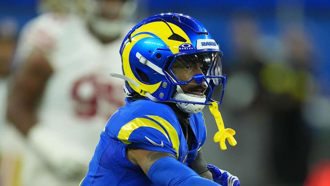  Oct 2, 2025; Inglewood, California, USA; Los Angeles Rams wide receiver Tutu Atwell (5) reacts against the San Francisco 49ers during the second half at SoFi Stadium. Mandatory Credit: Kirby Lee-Imagn Images | Kirby Lee-Imagn Images 