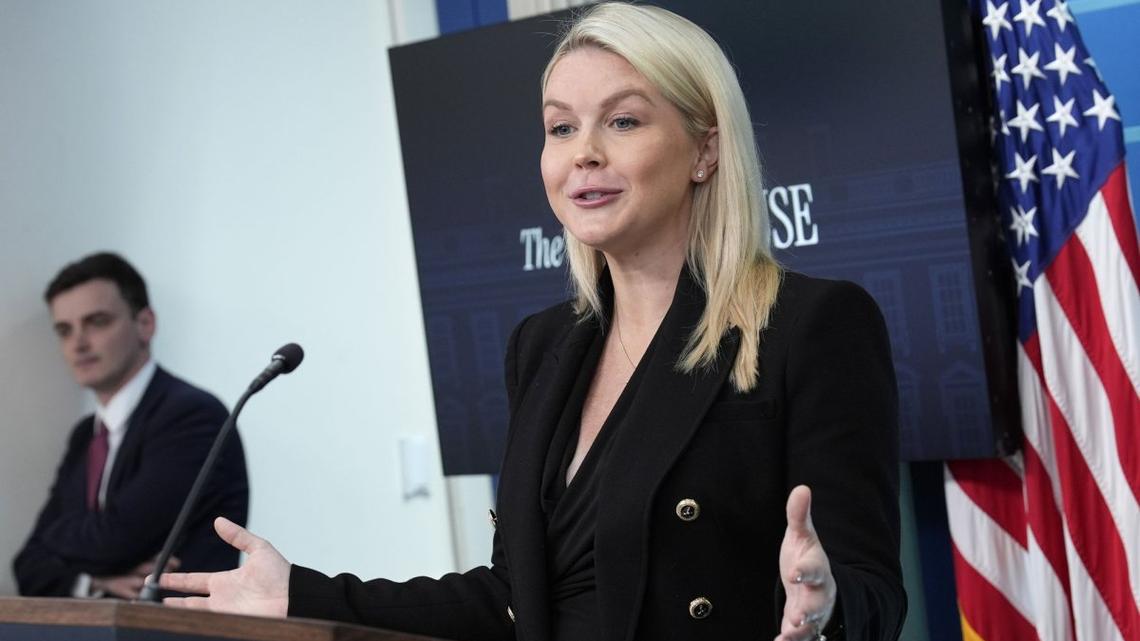 White House press secretary Karoline Leavitt speaks during her last press briefing before a maternity leave at the White House in Washington on Monday. Photo by Yuri Gripas/UPI